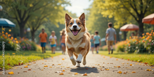 Obraz na płótnie Happy dog runs joyfully along sunny park path, surrounded by vibrant flowers and people enjoying day w salonie