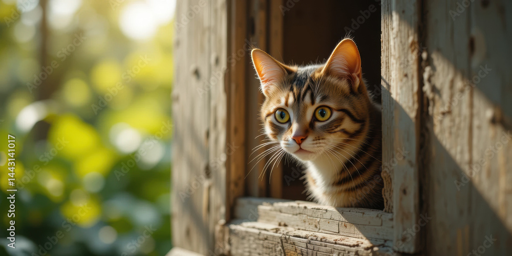 Curious cat gazes out of wooden window, surrounded by lush greenery, evoking sense of tranquility and wonder