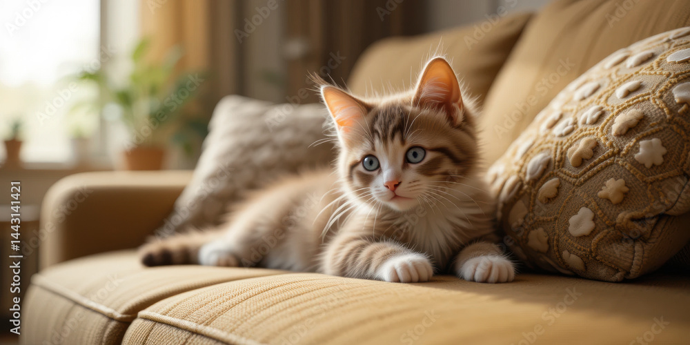 Fluffy cat with blue eyes relaxes on cozy sofa, surrounded by soft pillows and warm atmosphere