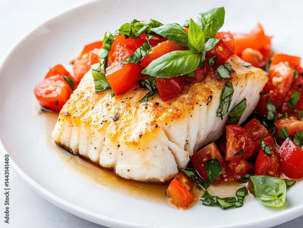 Baked wild cod with organic tomato and basil topping, simple yet nutritious presentation Baked wild cod with organic tomato and basil topping, simple yet nutritious presentation