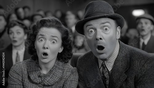 Shocked couple in a vintage theater audience