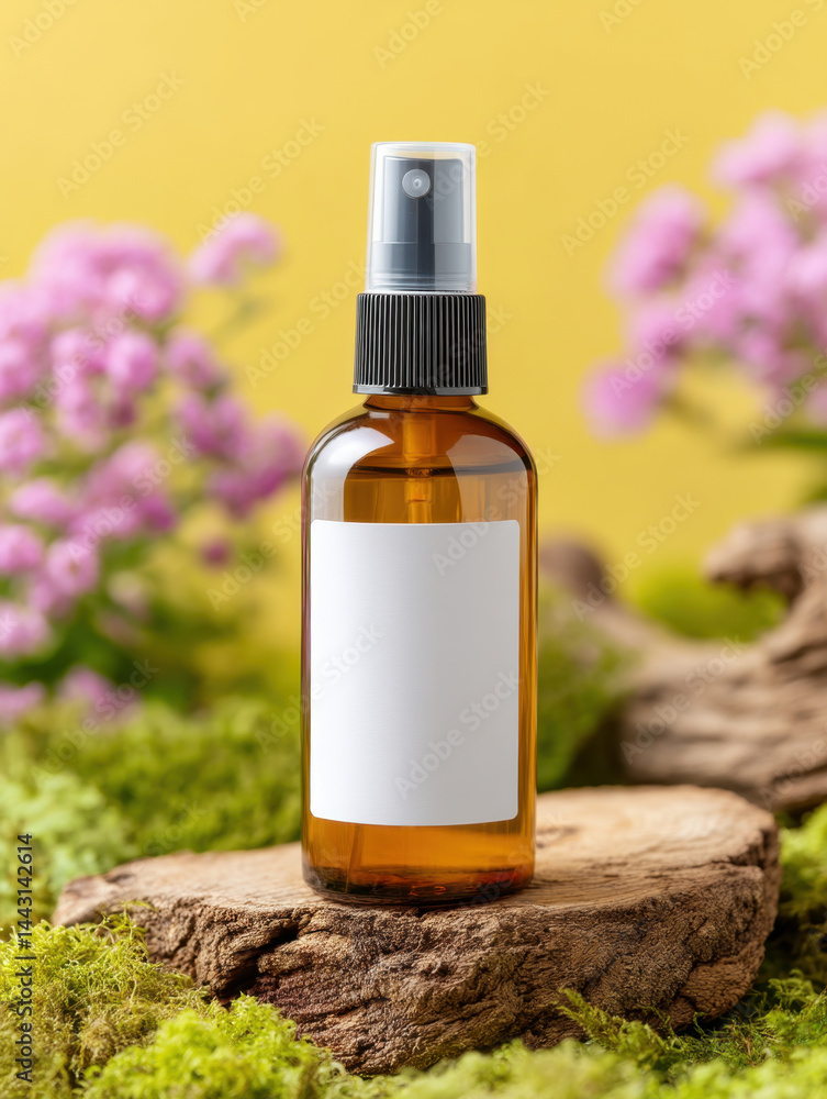 Amber spray bottle with blank label on mossy wood, blossoms, and a yellow backdrop. Product showcase Amber spray bottle with blank label on mossy wood, blossoms, and a yellow backdrop. Product showcase