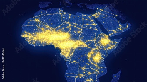 Africa's interconnected power grid at night, illuminating cities and infrastructure; useful for energy, infrastructure reports