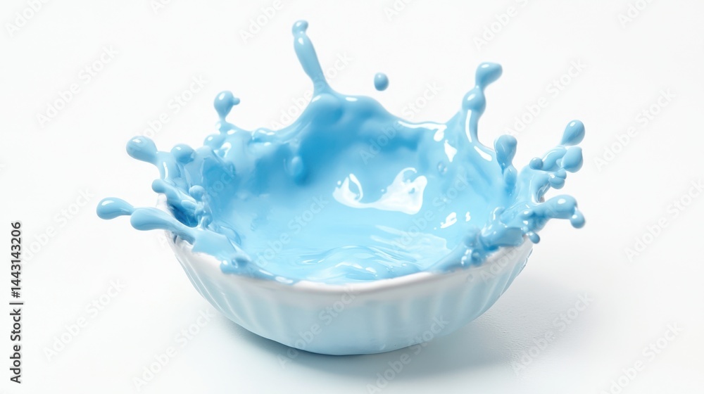 Captivating splash of vibrant blue paint in a ceramic bowl against a clean white backdrop studio shot showcasing dynamic motion and artistic expression Captivating splash of vibrant blue paint in a ceramic bowl against a clean white backdrop studio shot showcasing dynamic motion and artistic expression