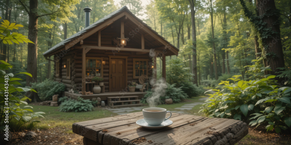 Cozy cabin nestled in lush forest, with steaming cup of coffee on wooden table, inviting tranquility and warmth