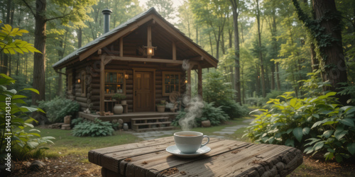 Obraz na płótnie Cozy cabin nestled in lush forest, with steaming cup of coffee on wooden table, inviting tranquility and warmth w salonie