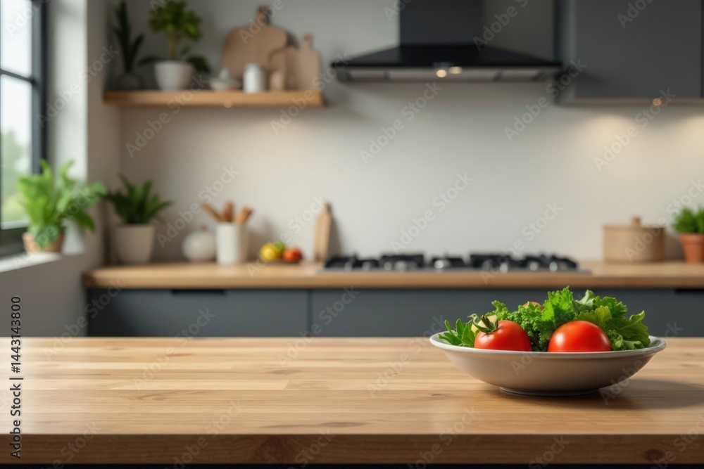 Desolate kitchen space with empty table top and blurred cooking area, home decor, appliances, utensils Desolate kitchen space with empty table top and blurred cooking area, home decor, appliances, utensils