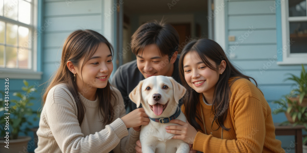 Three young people smiling with puppy in cozy home setting, showcasing joy and companionship