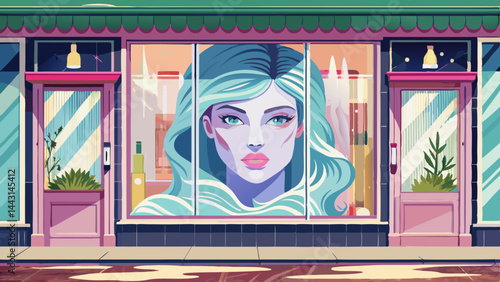 Covered shop windows beauty salon, woman's face, whole frosted foil with elements of pstel-colored colors -