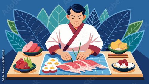 A man is cutting up food on a table with a variety of fruits and vegetables. The table is surrounded by many different condiments and utensils. Scene is that of a busy and bustling kitchen