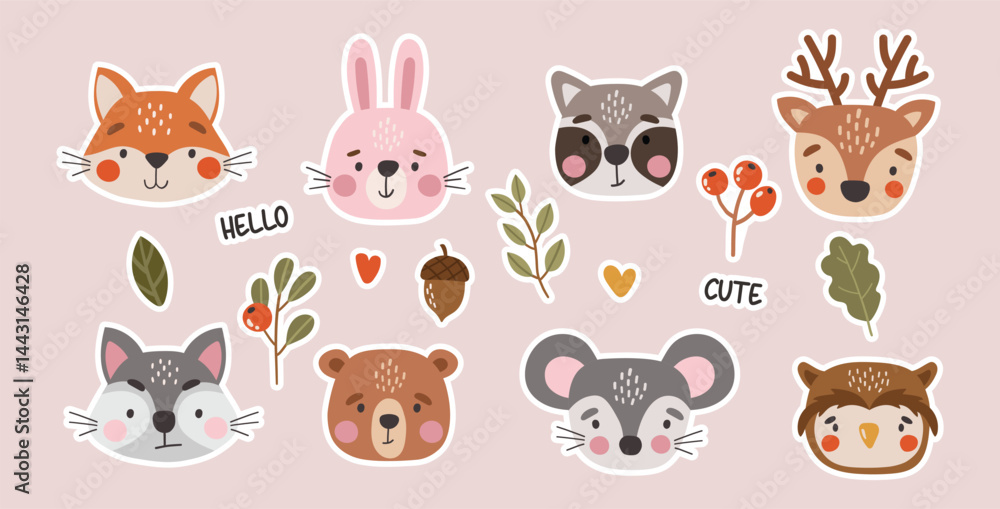 Fototapeta premium Wild animals set isolated, cute forest animals, kids cartoon illustration, stickers