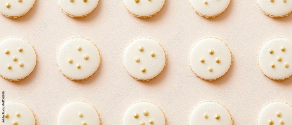 Elegant sugar cookies with white icing and golden sprinkles arranged in a pattern on a soft pink background overhead shot for stock photo website Elegant sugar cookies with white icing and golden sprinkles arranged in a pattern on a soft pink background overhead shot for stock photo website