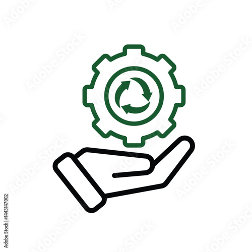 recycling icon. gear symbol with sustainable in hand. reuse, eco, second hand, green energy. web icon. line design style