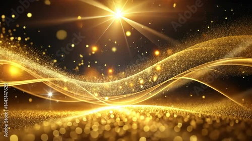 Golden glitter waves and sparkling particles dance against a dark background