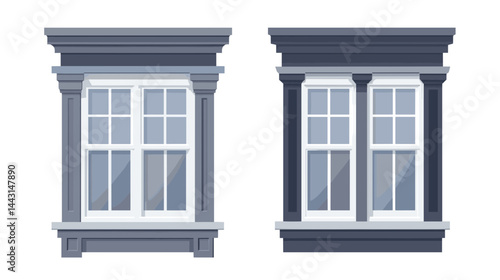 Two Grey and White Double Hung Windows with Architectural Details