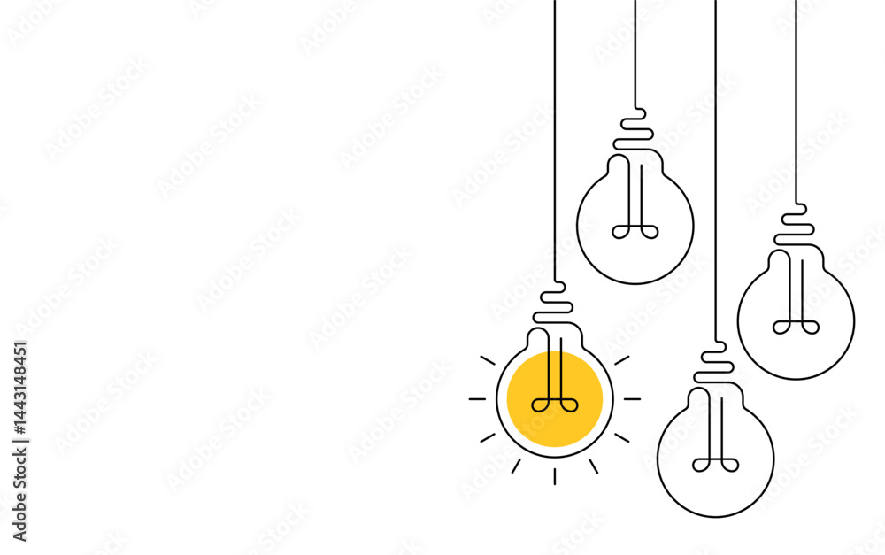 Hanging light bulbs with one glowing on white background. Continuous line drawing light bulb. Concept of idea Hanging light bulbs with one glowing on white background. Continuous line drawing light bulb. Concept of idea