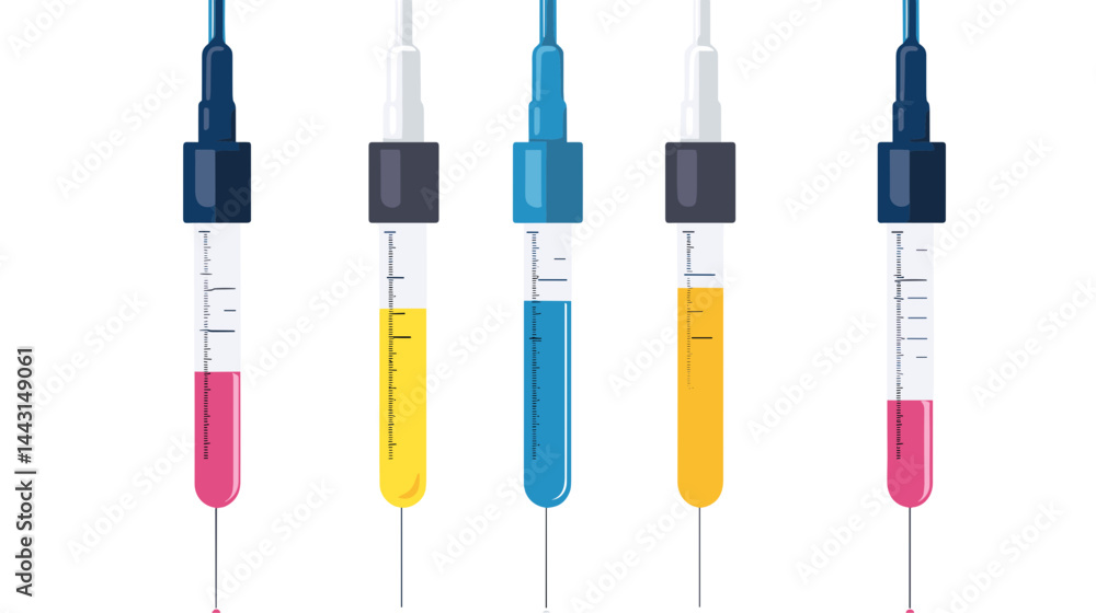 Colorful Syringes Hanging with Various Liquids in a Laboratory Setting Colorful Syringes Hanging with Various Liquids in a Laboratory Setting