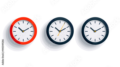 Three Minimalist Wall Clocks: Red, Black, and Dark Gray on White Background