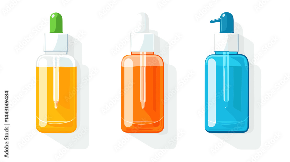 Three Pixel Art Bottles with Droppers: Orange, Yellow, and Blue Three Pixel Art Bottles with Droppers: Orange, Yellow, and Blue