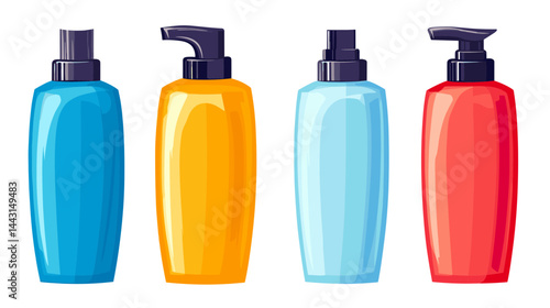 Four Colorful Plastic Pump Bottles on White Background
