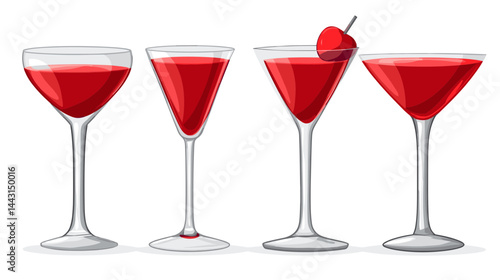 Four Red Cocktails in Martini Glasses with One Cherry Garnish