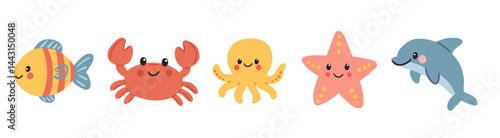 Cute sea animals collection with smiling starfish, fish, octopus, crab and dolphin in flat style. Flat vector illustration for kids and marine themes. 