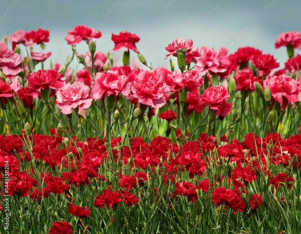 Panoramic view with carnation schabaud. Set red flowers, green stems Panoramic view with carnation schabaud. Set red flowers, green stems