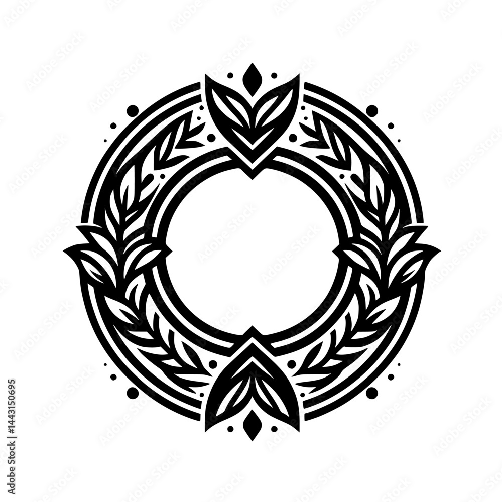 Obraz premium Elegant Black & White Floral Wreath Circle, Ornamental Design