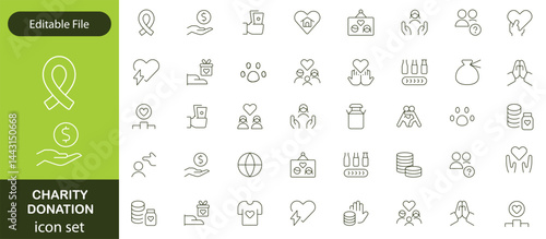 Charity and Donation set of web icons in line style. Volunteering and donation icons for web and mobile app. Help, caring, solidarity, alms, donate, volunteer, care, charity and more. Editable stroke