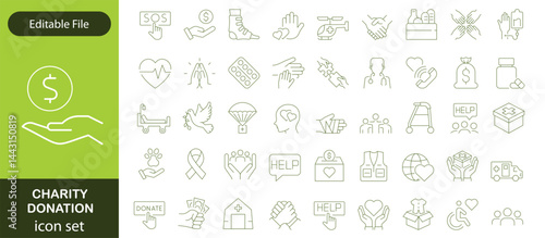 Charity and Donation set of web icons in line style. Volunteering and donation icons for web and mobile app. Help, caring, solidarity, alms, donate, volunteer, care, charity and more. Editable stroke