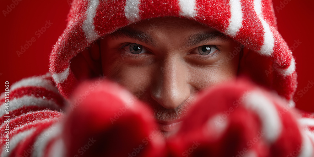 Junger Mann mit intensivem Blick in rot-weiß gestreifter Wintermütze und roten Fäustlingen vor rotem Hintergrund