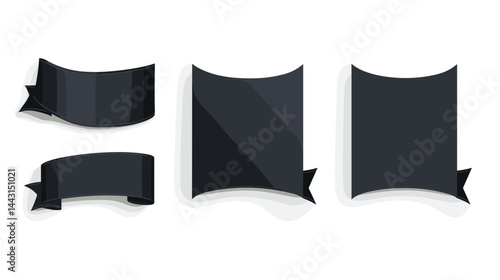 Set of Black Banners and Ribbons:  Dark Gray Geometric Shapes with Soft Shadows