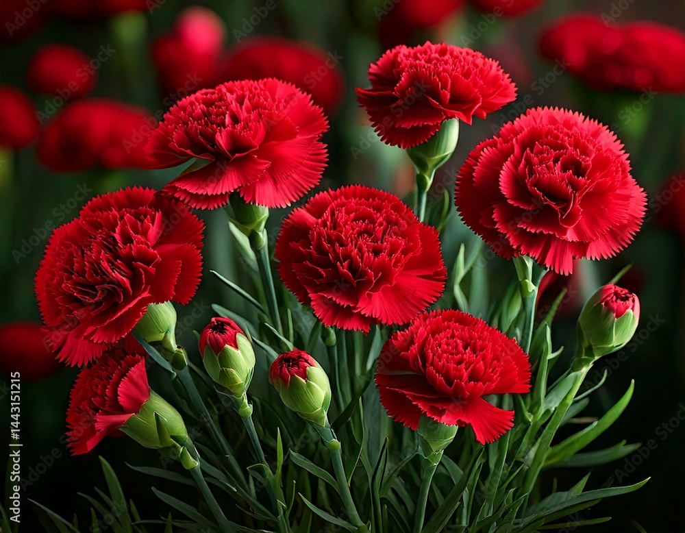 Fototapeta premium Panoramic view with carnation schabaud. Set red flowers, green stems