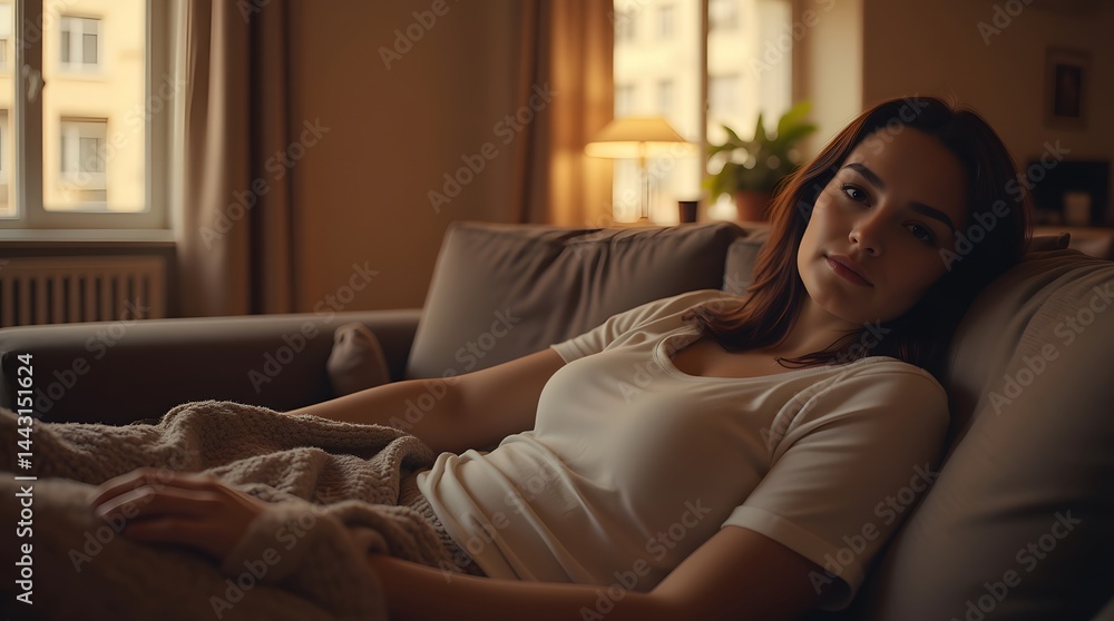 Serene woman rests comfortably on a plush sofa, bathed in the warm glow of evening light. A tranquil moment of peaceful relaxation. Serene woman rests comfortably on a plush sofa, bathed in the warm glow of evening light. A tranquil moment of peaceful relaxation.