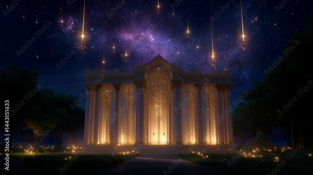 Obraz premium Majestic temple illuminated by falling stars under a starry night sky in a serene landscape setting