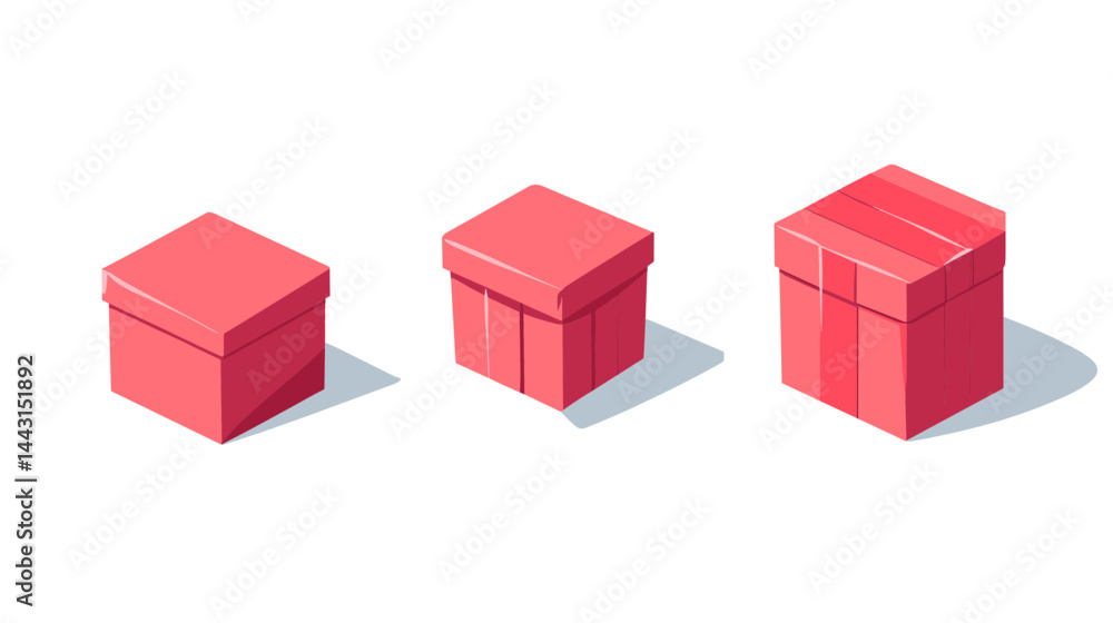 Obraz premium Three Isometric Red Gift Boxes on White Background