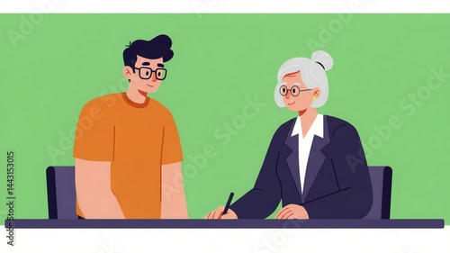 Young Man and Elderly Woman Signing Documents: A Scene of Trust and Agreement