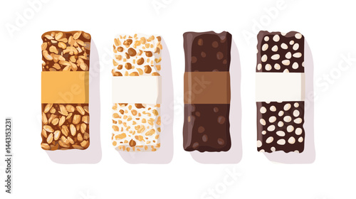 Assortment of Granola Bars with Nuts and Chocolate on White Background
