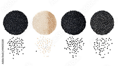 Assortment of Sesame Seeds on White Background