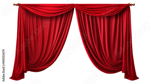 Elegant red curtains draped on a wooden rod isolated on transparent background	