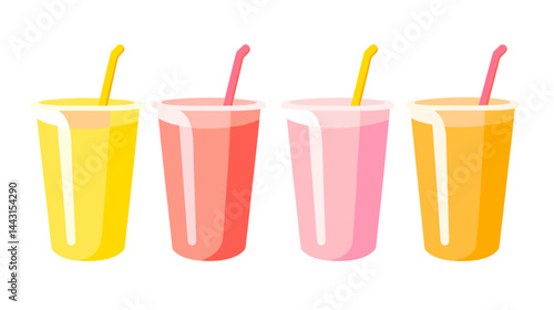 Four Colorful Smoothies in Plastic Cups with Straws