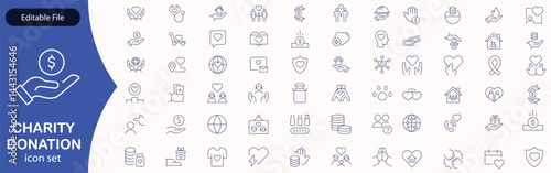 Charity and Donation set of web icons in line style. Volunteering and donation icons for web and mobile app. Help, caring, solidarity, alms, donate, volunteer, care, charity and more. Editable stroke