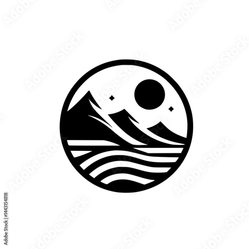 Black and White Mountain Lake Logo: Minimalist Circle Design