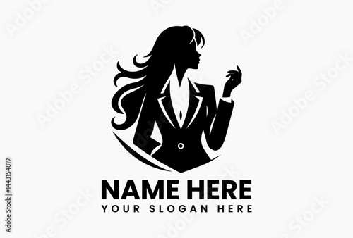 Professional female business logo design, vector woman icon in minimal silhouette style isolated on white background for executive branding 