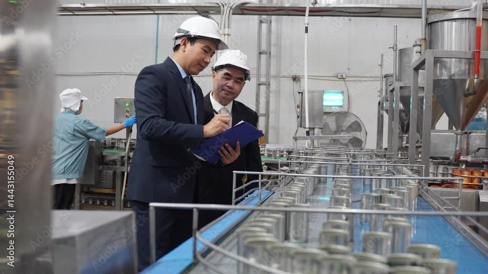 A businessman discussing with business partner at fish factory. Entrepreneur inspecting quality control on conveyor belt at canned food processing in manufacturing line production. A businessman discussing with business partner at fish factory. Entrepreneur inspecting quality control on conveyor belt at canned food processing in manufacturing line production.