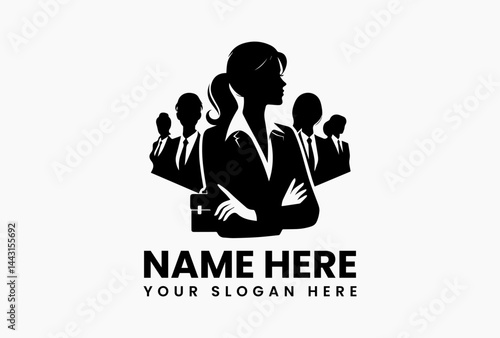 Professional female business logo design, vector woman icon in minimal silhouette style isolated on white background for executive branding 