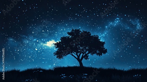 Milky Way galaxy in a starry night sky with a tree silhouette, captured in a beautiful digital scene 
