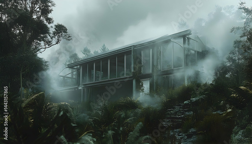 Misty forest building