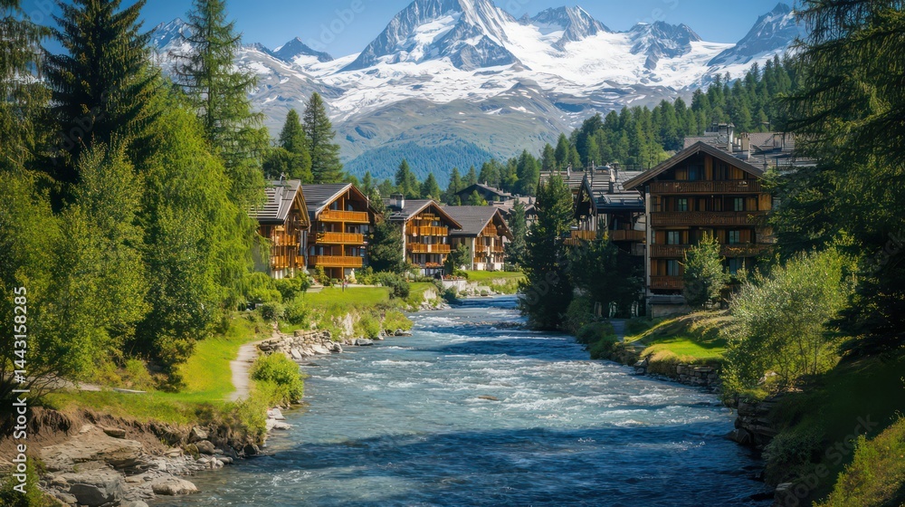 Fototapeta premium Swiss chalet village nestled by a rushing river