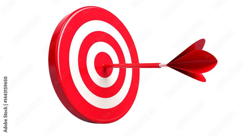 A red dart hitting the center of a red and white target illustration isolated on transparent background A red dart hitting the center of a red and white target illustration isolated on transparent background